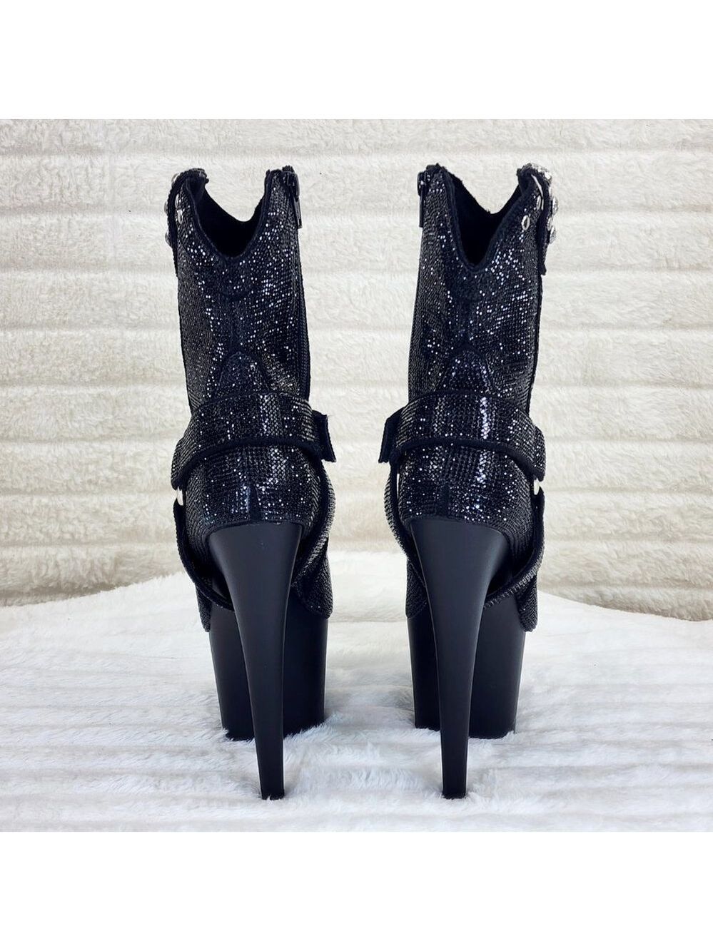 Black Rhinestone High Heel Platform Sexy Western Cowgirl Ankle Boots 1029 - Picture 4 of 10